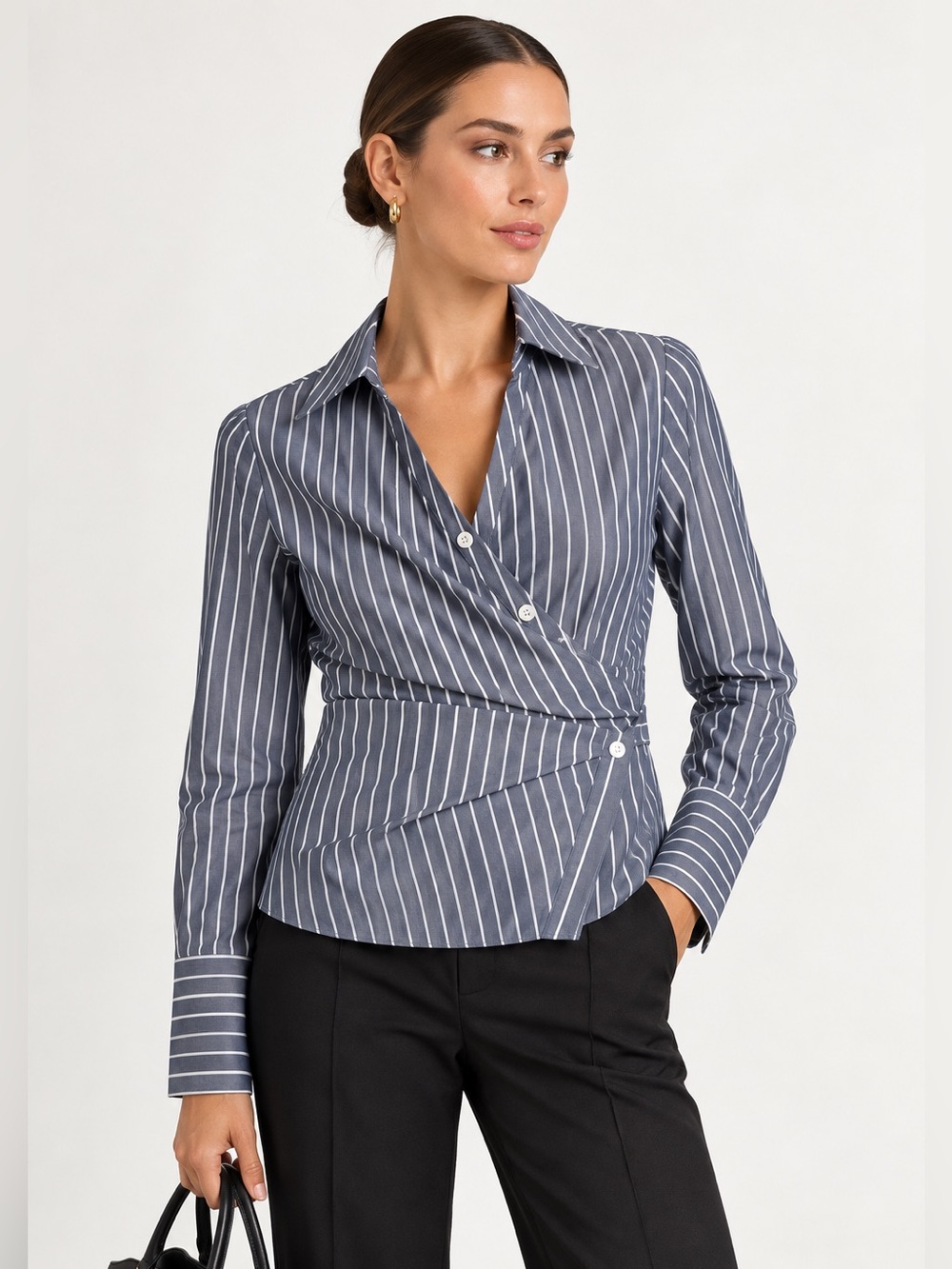 LOFT Size 4 Blue Striped Wrap Blouse Cotton Button Down Preppy
